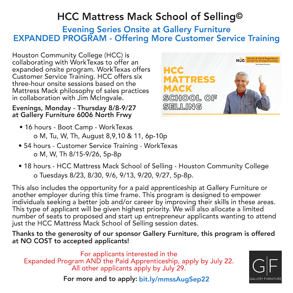 HCC Mattress Mack School of Selling onsite at Gallery Furniture, Aug.  8-Sept. 27 – Southwest Management District